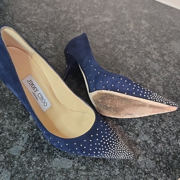 Jimmy Choo 36.5 (6.5) Navy Blue Suede Micro Silver Studded Stiletto Heels - Picture 11 of 16